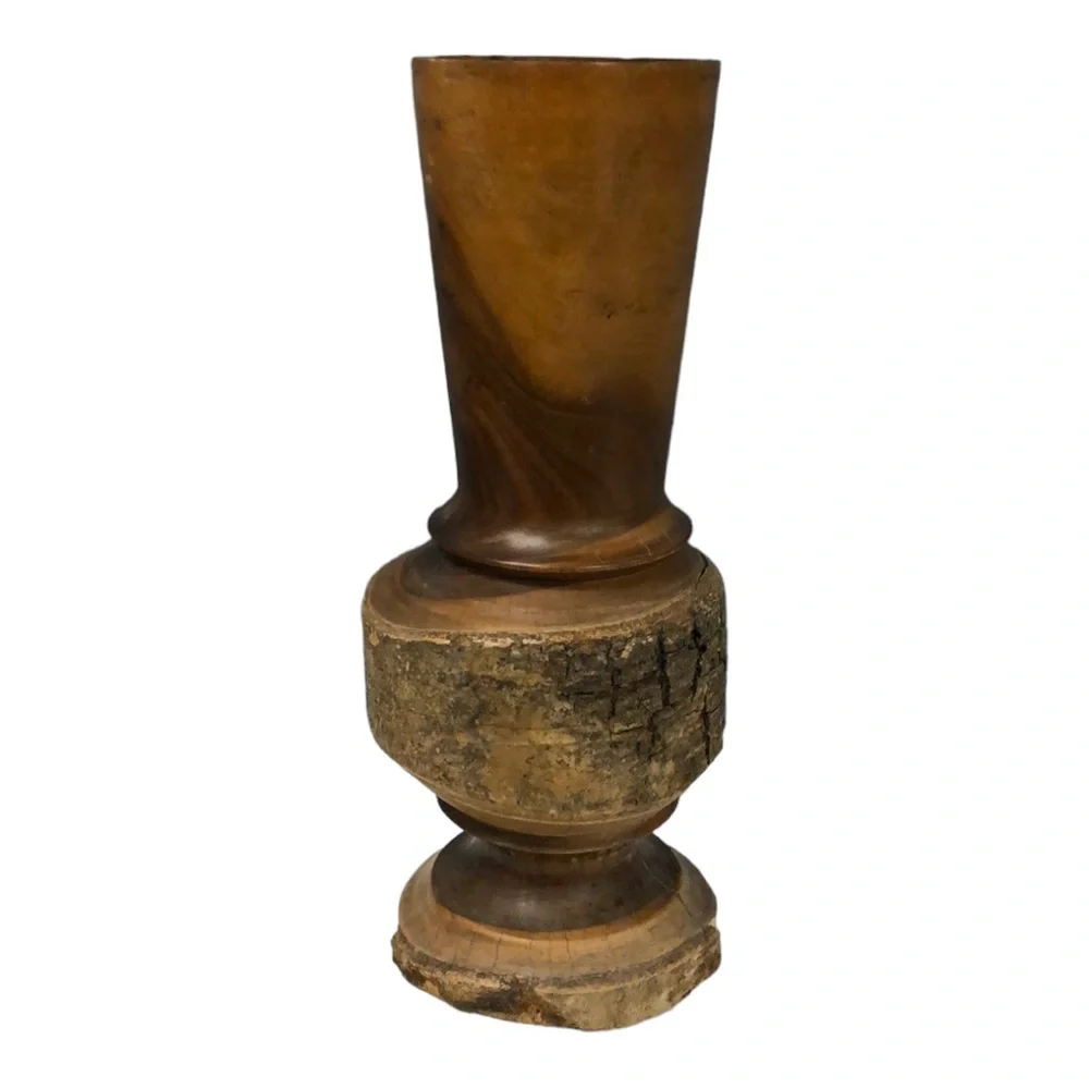 Vintage Large 15.5” Hand Turned‎ Wooden Vase Mantle solid wood with bark accents